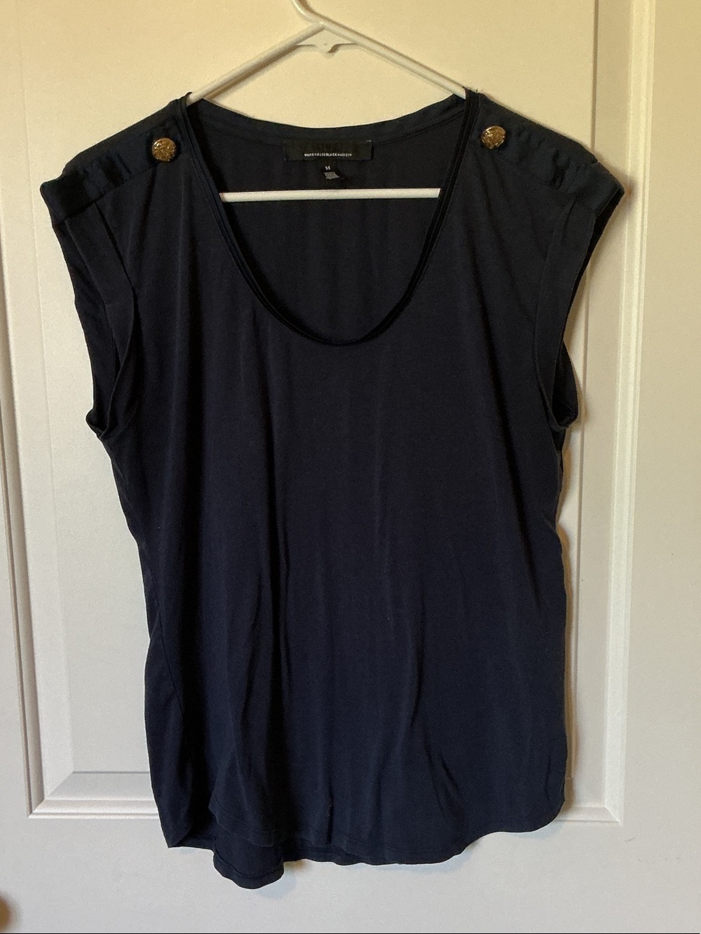 White House Black Market Navy Sleeveless Tank with Decorative Gold Buttons
